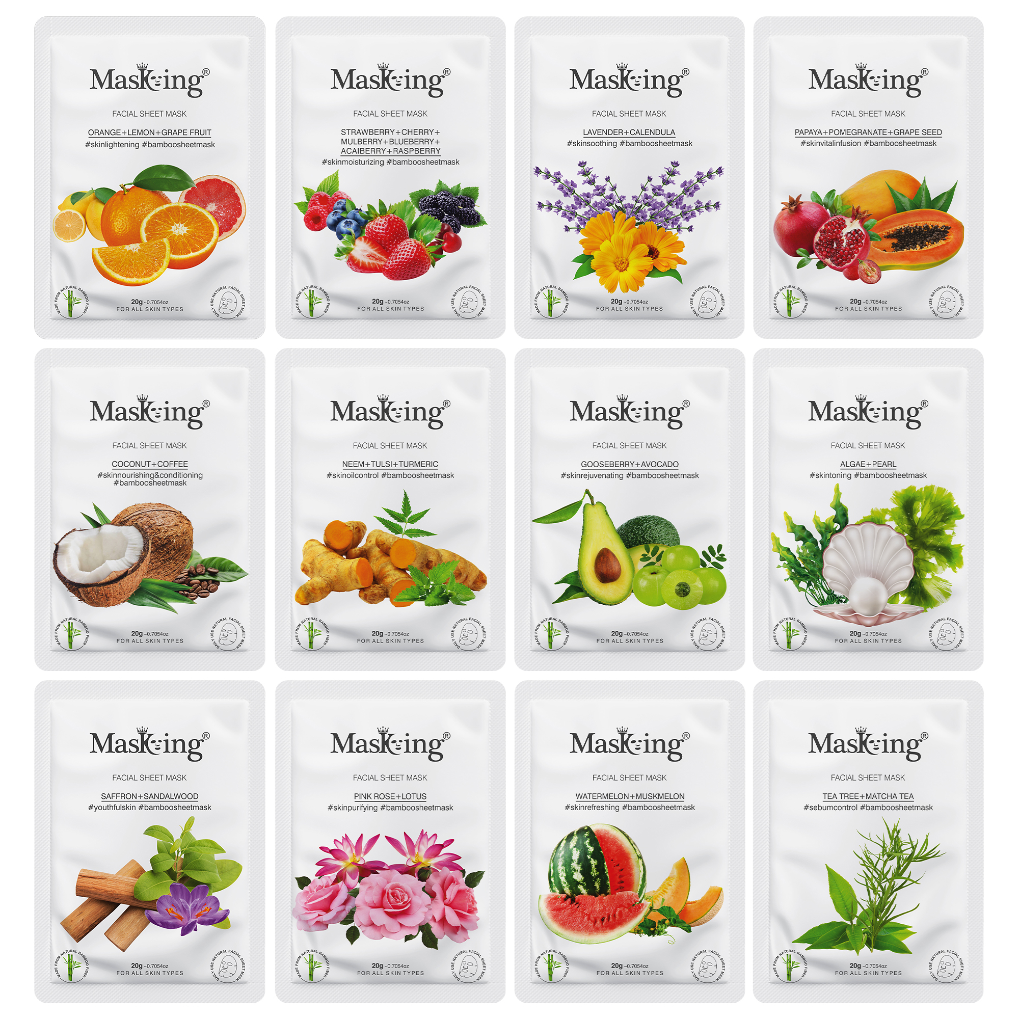Bamboo Facial Sheet Masks, Pack of 12
