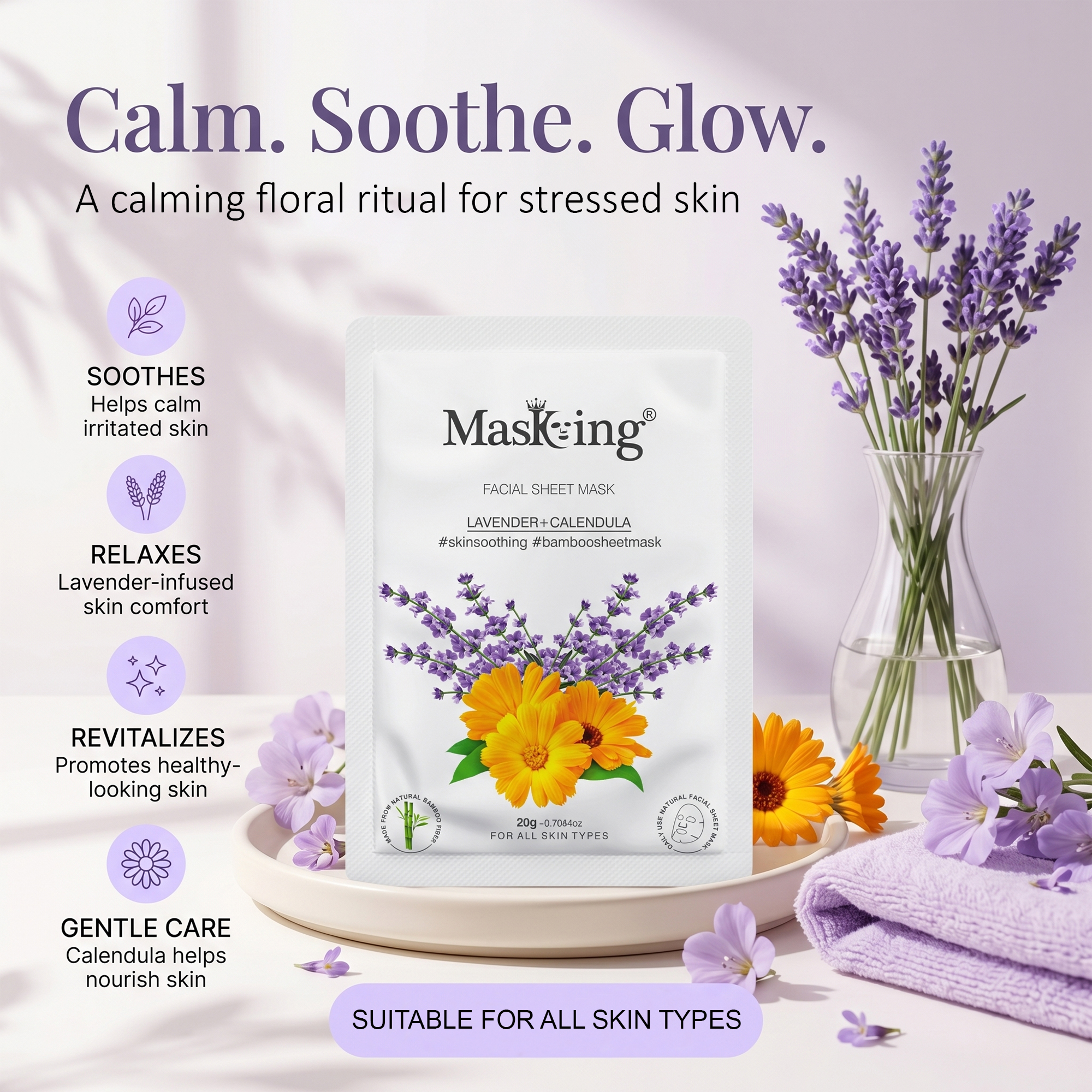 Lavender+Calendula Bamboo Facial Sheet Mask - Image 7
