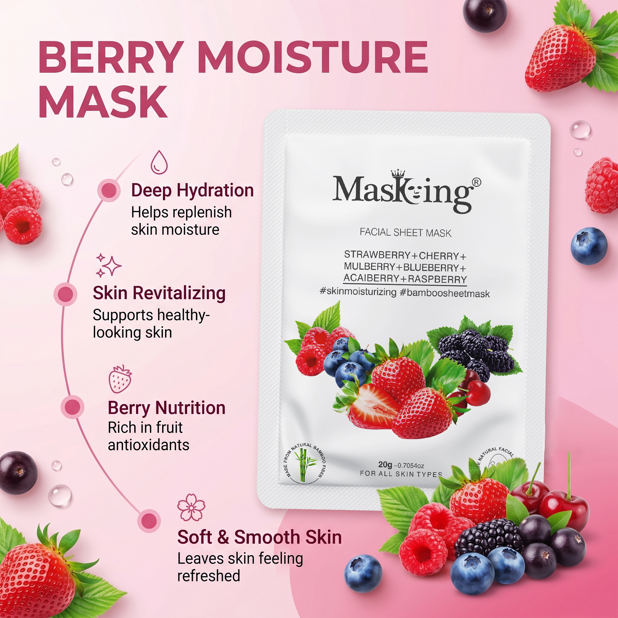Strawberry+Cherry+Acai Berry+Raspberry Bamboo Facial Sheet Mask - Image 6